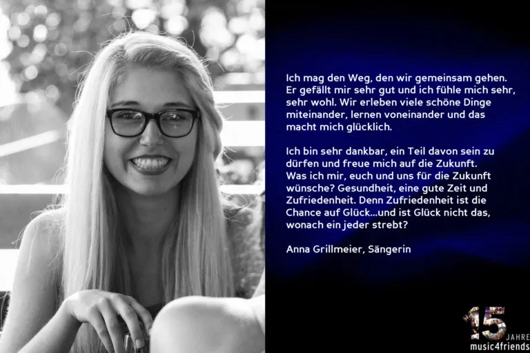 Logo und Grußworte zum 15-jährigen Jubiläum von music4friends.